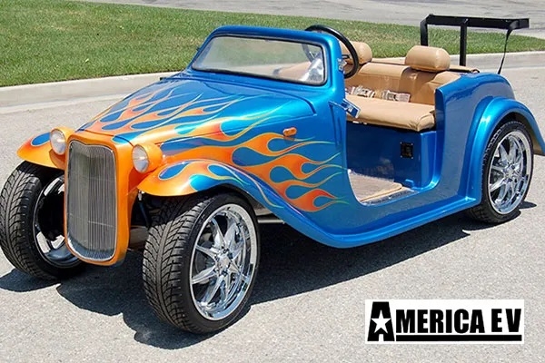 Blue California Roadster with Orange Flames affordable golf cart rental, golf cart rental san antonio, san antonio golf cart rental golf cart rental