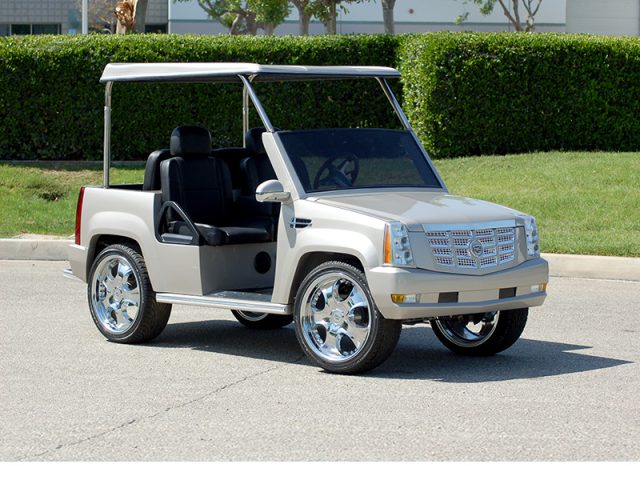 Silver Escalade Golf Cart With Roof and Custom Wheels affordable golf cart rental, golf cart rental san antonio, san antonio golf cart rental golf cart rental